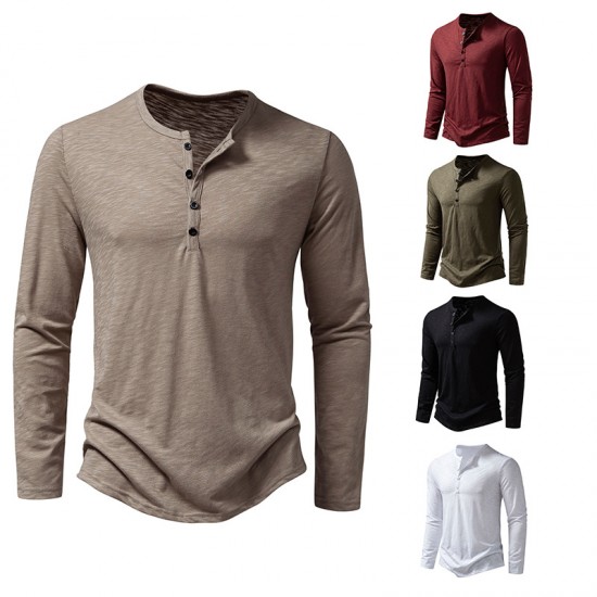 Spring/Autumn: Men's Bamboo Cotton Henley Collar Solid Color Men's Casual Fashion Long-Sleeved T-Shirts