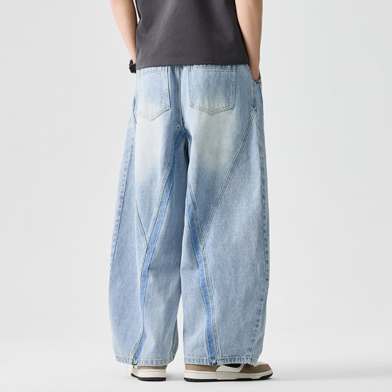 2025 Autumn/Winter New Style Retro American Jeans: Men's Elastic Waist Plus-size Straight-leg Casual Wide-leg Pants