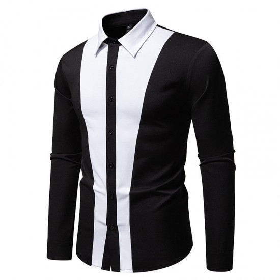 2025 European Size New Men's Black and White Patchwork Lapel Casual Long-Sleeved Shirt
