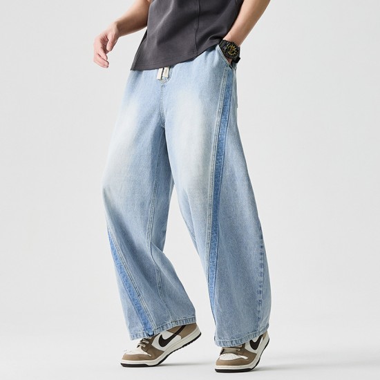 2025 Autumn/Winter New Style Retro American Jeans: Men's Elastic Waist Plus-size Straight-leg Casual Wide-leg Pants