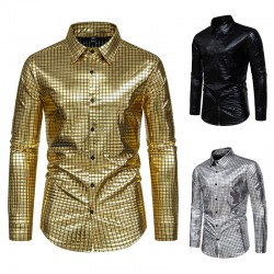 New Men's Casual Checkered Gold Stamping Stage Costume: Banquet Fashion Long-sleeved Shirt