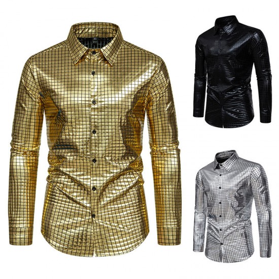 New Men's Casual Checkered Gold Stamping Stage Costume: Banquet Fashion Long-sleeved Shirt