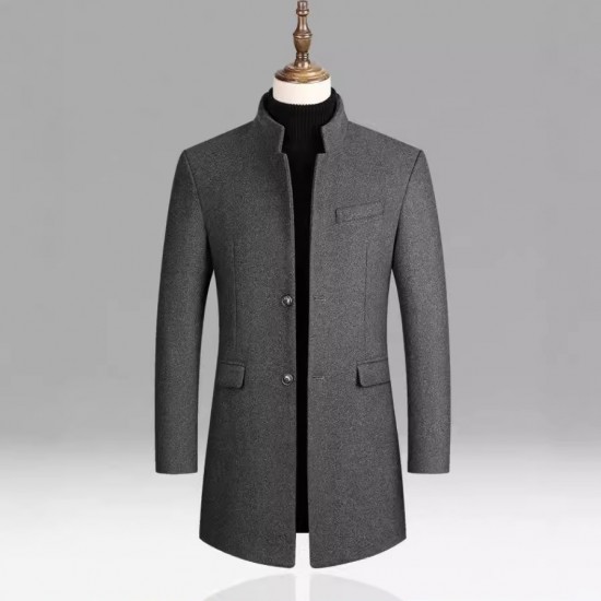2025 Men's Autumn and Winter: Thickened Woolen Coats, Mid-length Stand-Up Collar Casual Coats