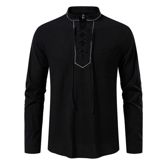 2025 New Men's Drawstring Medieval Pirate Shirt: Autumn and Winter Casual Shirt