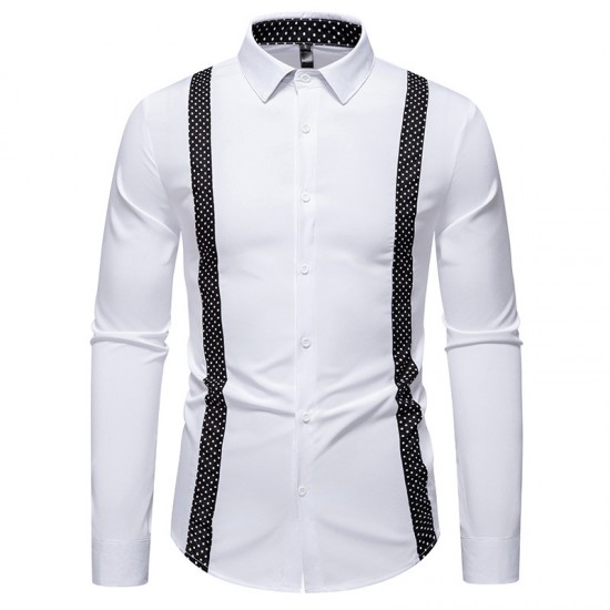 2025 New Fashion Men's Black and White Dotted Colorblock Design: Casual Long-Sleeved Shirt