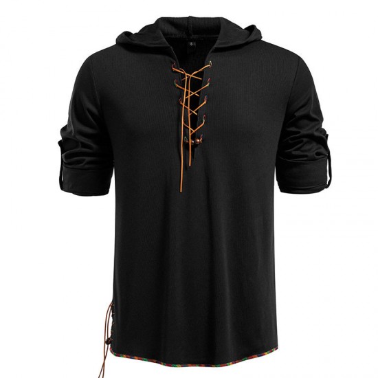 2025 European New Men's Drawstring Hooded Casual Fashion Long-Sleeved T-Shirt