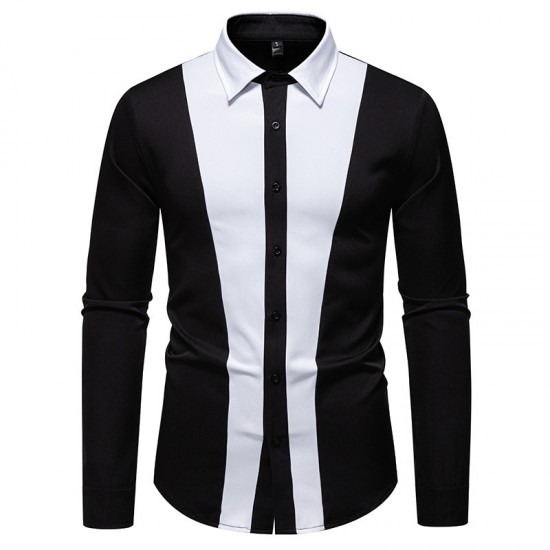 2025 European Size New Men's Black and White Patchwork Lapel Casual Long-Sleeved Shirt