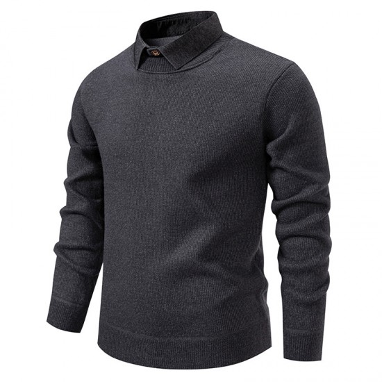 2025 Autumn/Winter Men's Fake Two-Piece Knitted Casual Shirt Collar Jacket: Fashionable Sweater