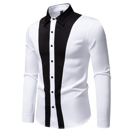 2025 European Size New Men's Black and White Patchwork Lapel Casual Long-Sleeved Shirt