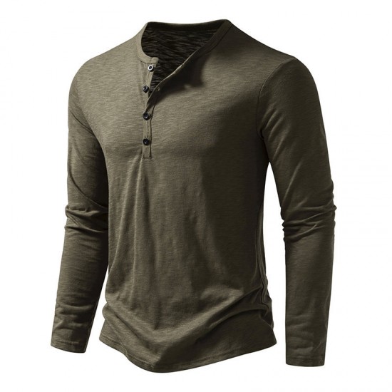 Spring/Autumn: Men's Bamboo Cotton Henley Collar Solid Color Men's Casual Fashion Long-Sleeved T-Shirts