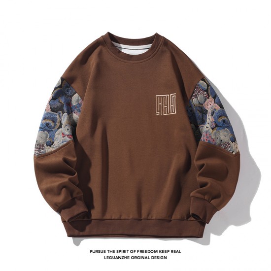Men's Bear Sweatshirt: Spring/Autumn Contrast Embroidered Couple Crewneck Sweatshirt Top