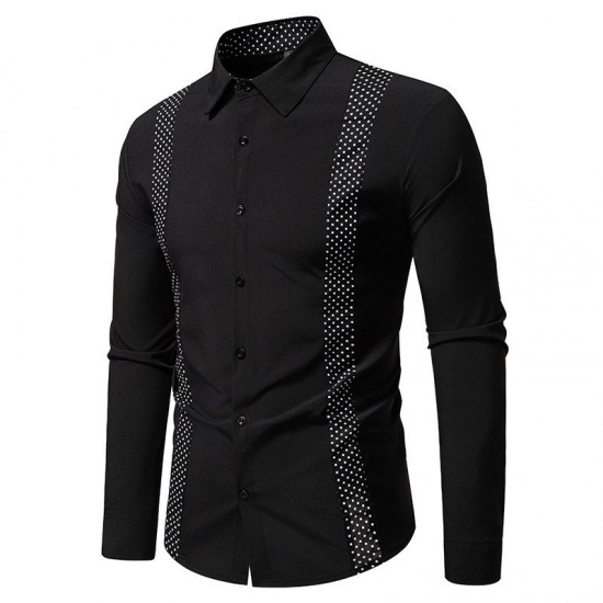 2025 New Fashion Men's Black and White Dotted Colorblock Design: Casual Long-Sleeved Shirt