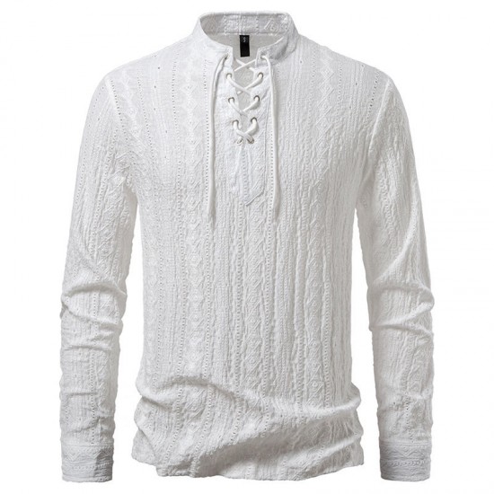 2025 European Size New Tie-Strap V-Neck Long Sleeve Shirt: Men's Luxury Jacquard Breathable Top