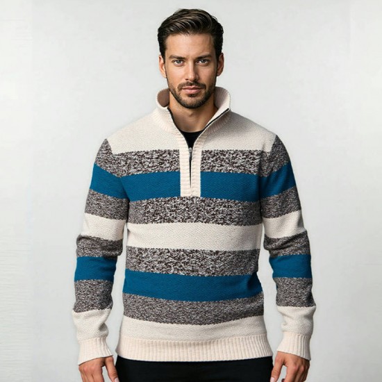 2025 Autumn New Men's Half-Zip Fleece Striped Sweater: Casual Knit Sweater