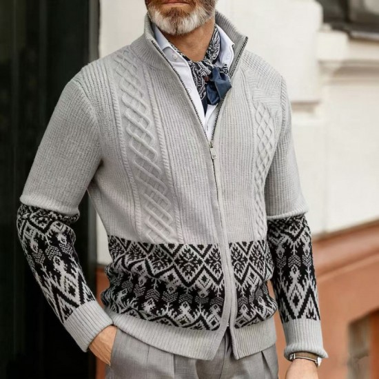 2025 Autumn and Winter New Men's Knitted Cardigan: Retro Cable-Knit Ethnic Style Stand-Up Collar Sweater