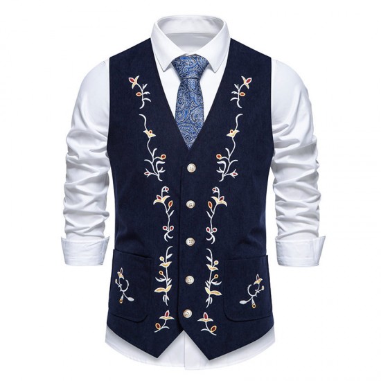 Men's Autumn/Winter Fashion Colorblock Embroidered Single-Breasted Corduroy Vest