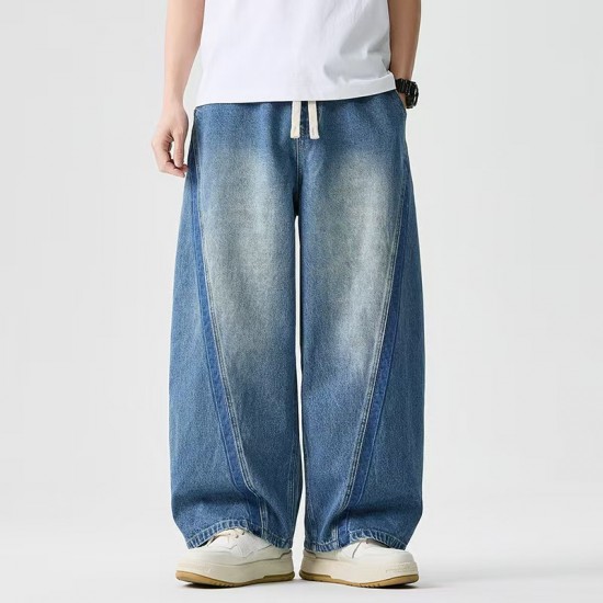 2025 Autumn/Winter New Style Retro American Jeans: Men's Elastic Waist Plus-size Straight-leg Casual Wide-leg Pants