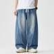 2025 Autumn/Winter New Style Retro American Jeans: Men's Elastic Waist Plus-size Straight-leg Casual Wide-leg Pants
