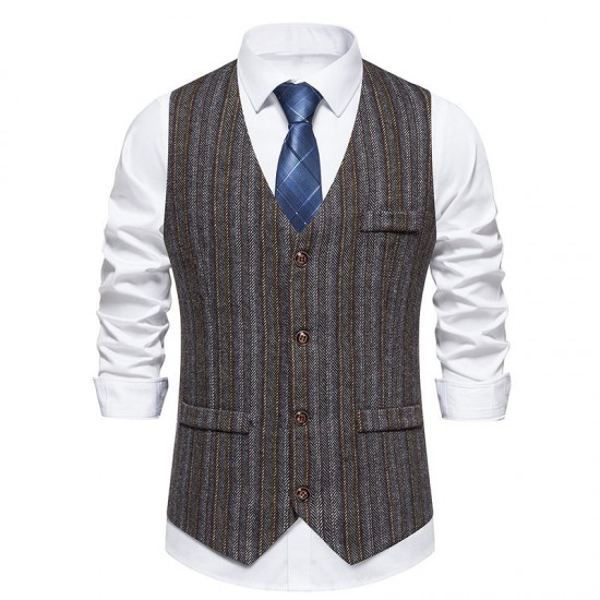 New Men's Retro Color Striped Design Trendy Single-Breasted Suit Casual Vest