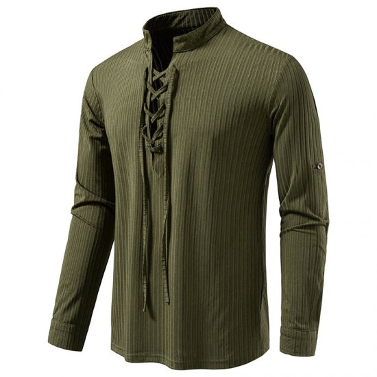 2025 European-sized New Men's Stand-Up Collar Fashion Casual Long-Sleeved T-Shirt: Drawstring Design
