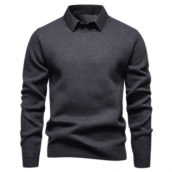 2025 Autumn/Winter Men's Fake Two-Piece Knitted Casual Shirt Collar Jacket: Fashionable Sweater