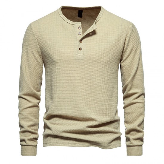 Autumn and Winter New Men's Four-button Waffle Henley T-shirt: Long-sleeved T-shirt