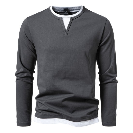 European Size 2025 Men's Colorblock Casual Fake Two-Piece Long-Sleeved T-Shirt: Loose Pullover, European and American Men's Clothing