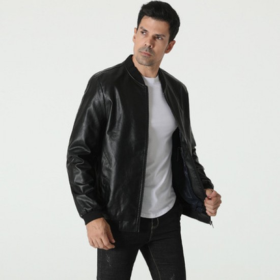 Men's Autumn New Style Simple Solid Color Leather Jacket: Large Size Casual Stand-up Collar Leather Jacket