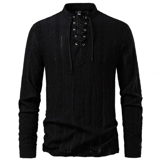 2025 European Size New Tie-Strap V-Neck Long Sleeve Shirt: Men's Luxury Jacquard Breathable Top
