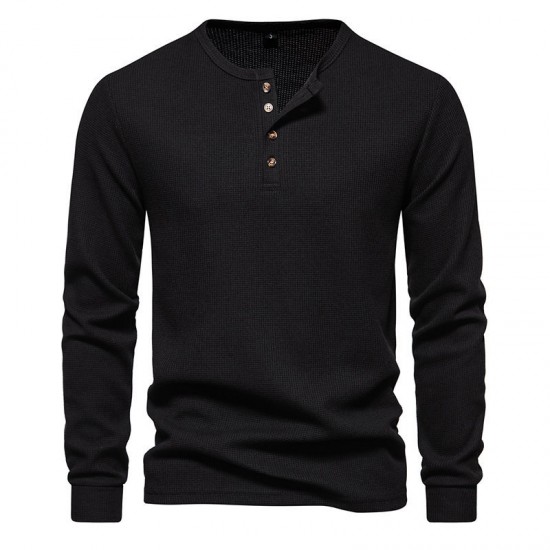 Autumn and Winter New Men's Four-button Waffle Henley T-shirt: Long-sleeved T-shirt