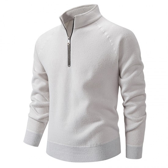 2025 European Size Men's Solid Color Thickened Sweater: Stand Collar Half-Zip Slim Fit Cardigan