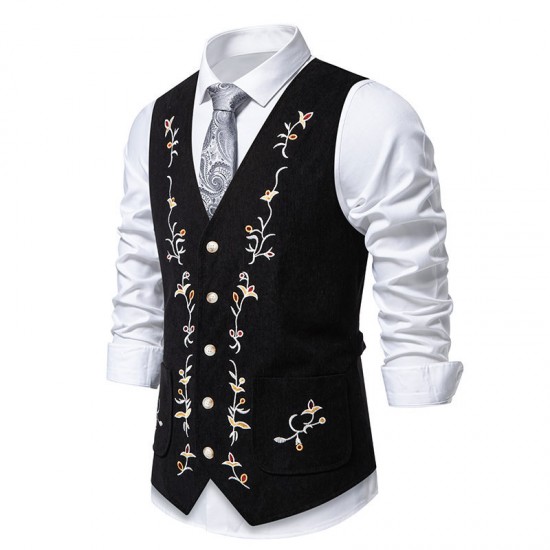 Men's Autumn/Winter Fashion Colorblock Embroidered Single-Breasted Corduroy Vest