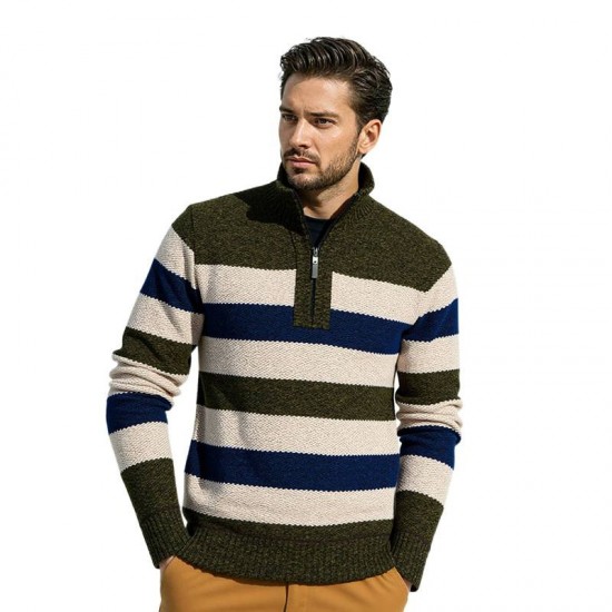 2025 Autumn New Men's Half-Zip Fleece Striped Sweater: Casual Knit Sweater