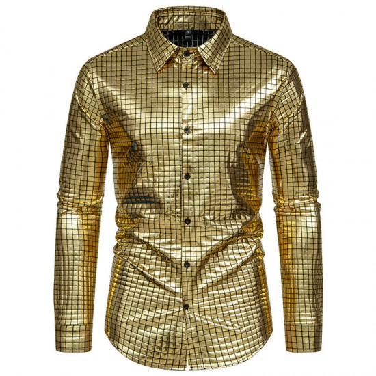New Men's Casual Checkered Gold Stamping Stage Costume: Banquet Fashion Long-sleeved Shirt