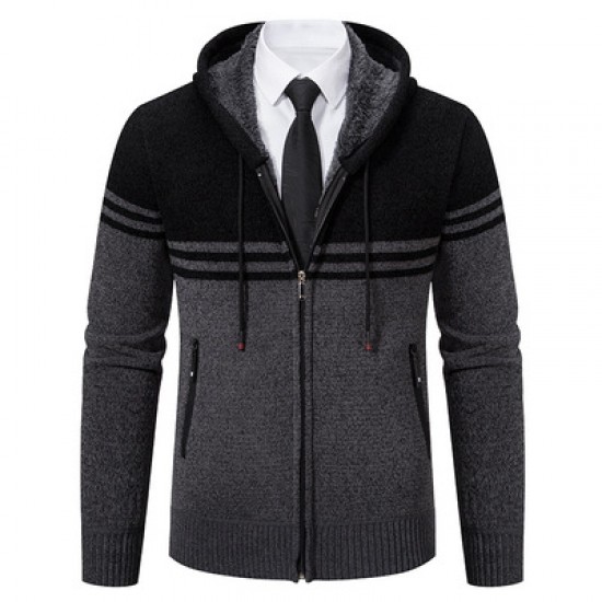 Men's Color-blocked Casual Long-sleeved Sweaters: Popular Collection Fashionable Hooded Cardigan Sweater Jacket