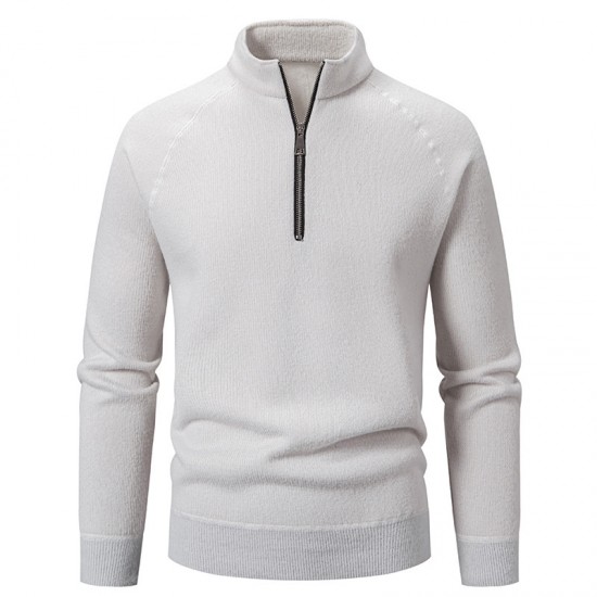 2025 European Size Men's Solid Color Thickened Sweater: Stand Collar Half-Zip Slim Fit Cardigan