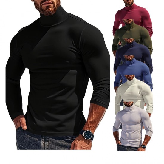 2025 Autumn/Winter Men's Solid Color Fleece Long-Sleeved T-Shirt: Knitted Undershirt, Slim-Fit High-Neck Warm Top