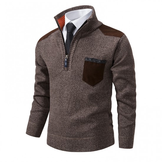 Autumn/Winter New Men's Zipper Stand-up Collar Pullover Knitted Sweater: Casual Colorblock Thickened Sweater