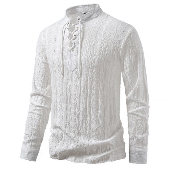 2025 European Size New Tie-Strap V-Neck Long Sleeve Shirt: Men's Luxury Jacquard Breathable Top