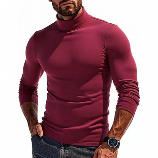 2025 Autumn/Winter Men's Solid Color Fleece Long-Sleeved T-Shirt: Knitted Undershirt, Slim-Fit High-Neck Warm Top