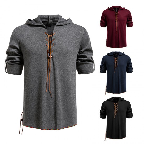 2025 European New Men's Drawstring Hooded Casual Fashion Long-Sleeved T-Shirt