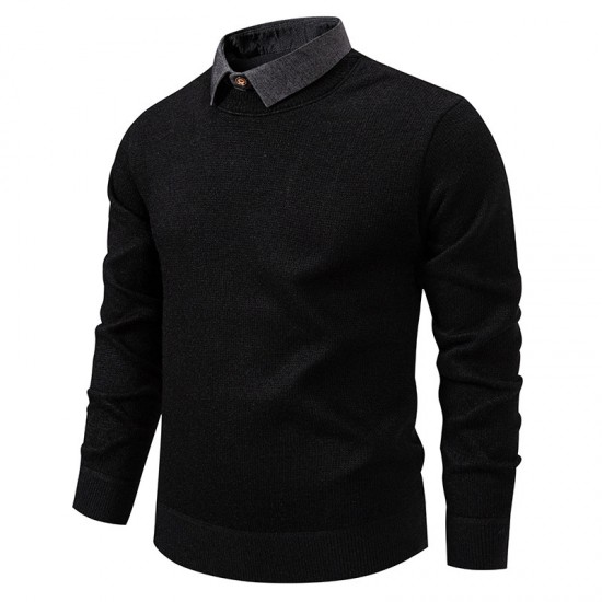 2025 Autumn/Winter Men's Fake Two-Piece Knitted Casual Shirt Collar Jacket: Fashionable Sweater