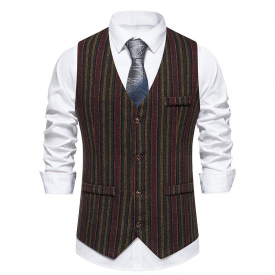 New Men's Retro Color Striped Design Trendy Single-Breasted Suit Casual Vest