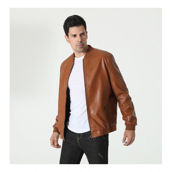 Men's Autumn New Style Simple Solid Color Leather Jacket: Large Size Casual Stand-up Collar Leather Jacket