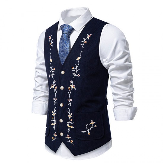 Men's Autumn/Winter Fashion Colorblock Embroidered Single-Breasted Corduroy Vest