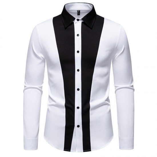 2025 European Size New Men's Black and White Patchwork Lapel Casual Long-Sleeved Shirt