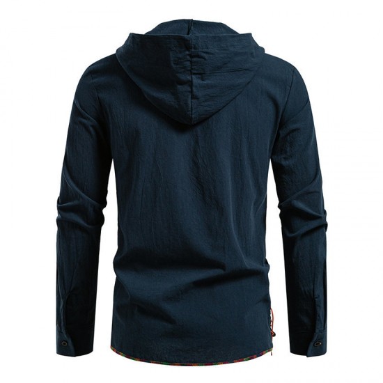2025 European Size New Men's Drawstring Hooded Cotton and Linen Casual Long-Sleeved Shirt