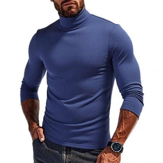 2025 Autumn/Winter Men's Solid Color Fleece Long-Sleeved T-Shirt: Knitted Undershirt, Slim-Fit High-Neck Warm Top