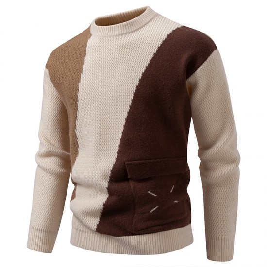 2025 Autumn and Winter New Men's Color-Blocked Sweater: Round Neck, Pocket Casual Pullover