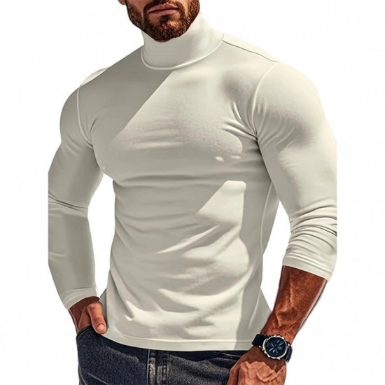2025 Autumn/Winter Men's Solid Color Fleece Long-Sleeved T-Shirt: Knitted Undershirt, Slim-Fit High-Neck Warm Top